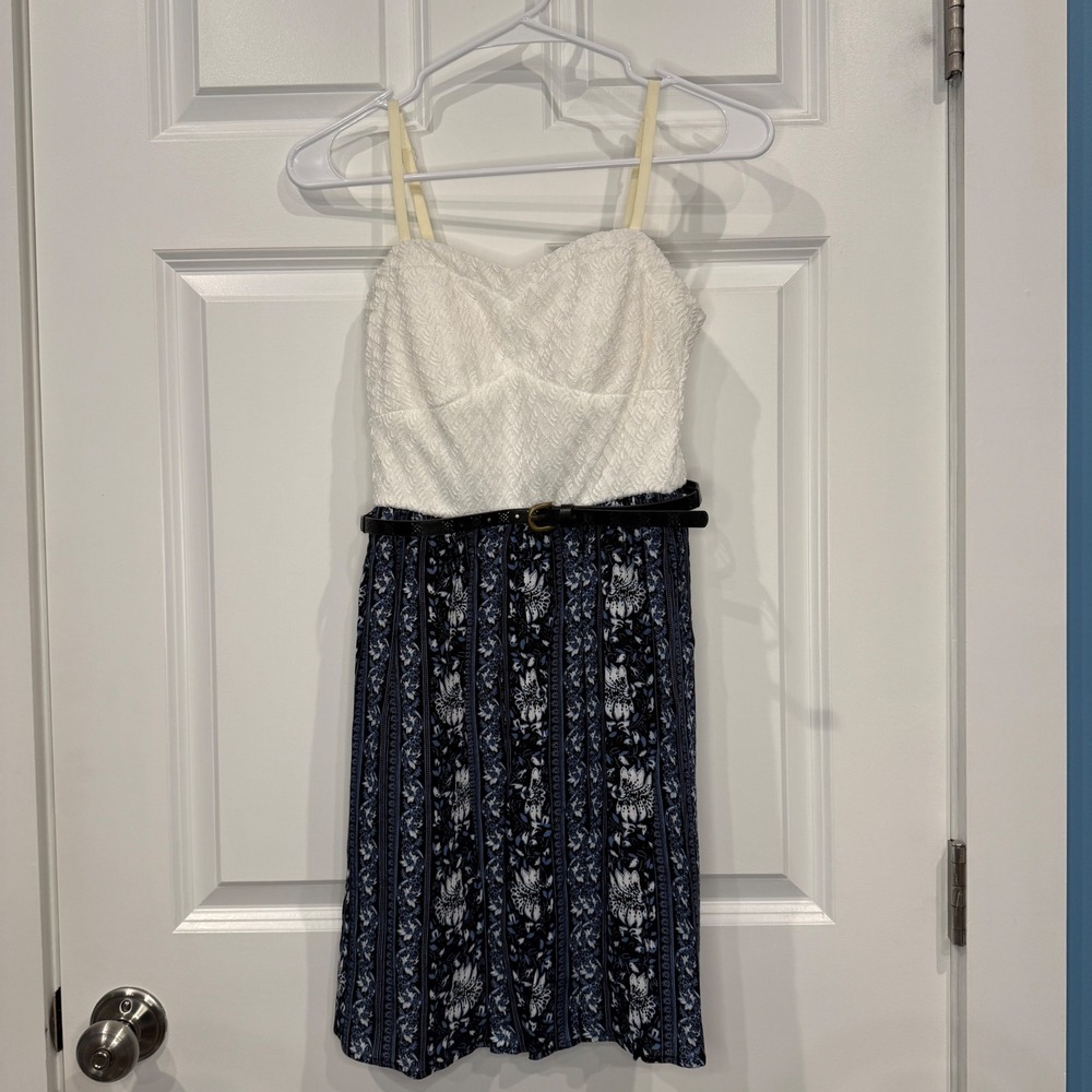 Lily Rose Womens Size XS Bodice Blue Floral Print Belted Mini Dress